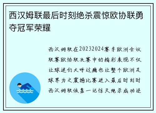 西汉姆联最后时刻绝杀震惊欧协联勇夺冠军荣耀